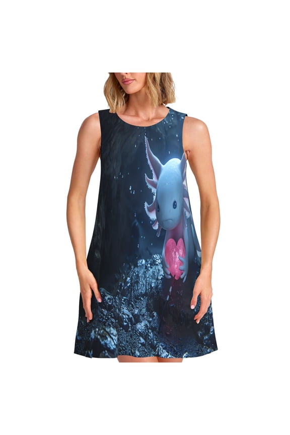 Heart Axolotl Print Women's Summer Spring Casual Beach Sundress,Vacation Sleeveless Tank Crewneck Loose Dresses