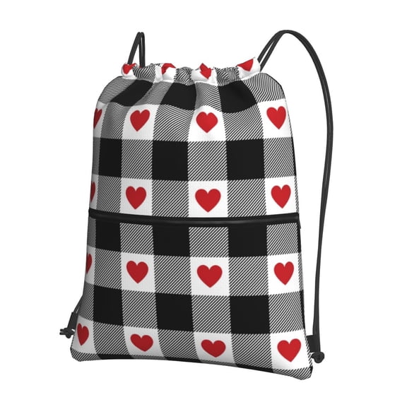 Naloa Heart Black Buffalo Plaid Gingham Drawstring Backpack String Bag Cinch Water Resistant for Gym Shopping Sport Yoga