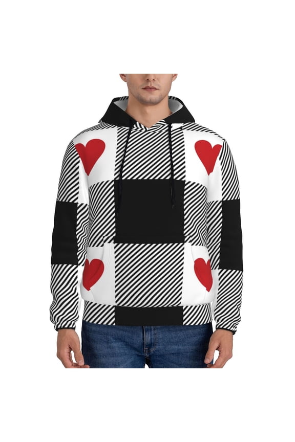 Heart Black Buffalo Plaid Gingham Men's Casual Hooded Collar Drawstring Hoodies Pullover Sweatshirts Casual Long Sleeve Shirts-Medium