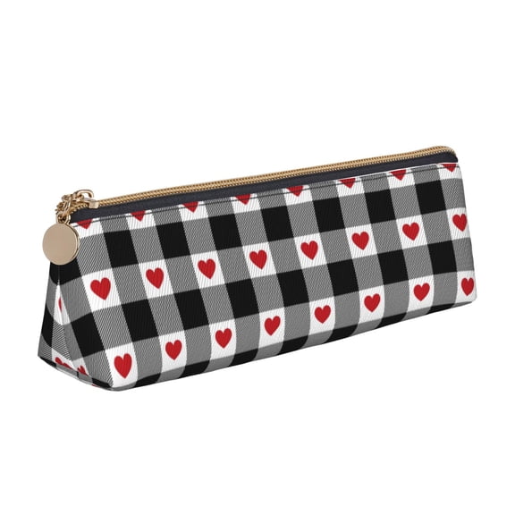 Naloa Heart Black Buffalo Plaid Gingham Print Leather Pencil Case - Portable Big Capacity Pencil Pouch Organizer Bag Stationery Bag for Work & Office Pencil Pen Case
