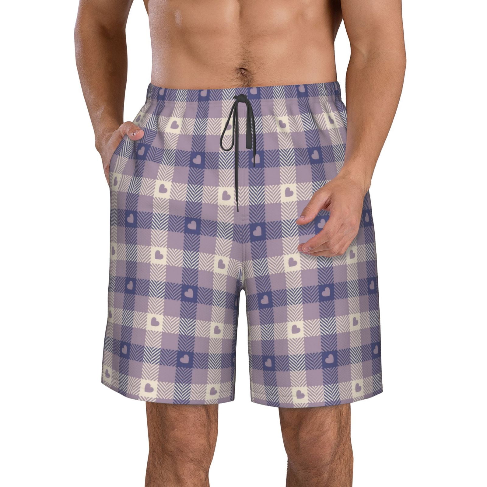 Naloa Heart Check Plaid Men's Beach Shorts, Surfing shorts, Swim trunks, Quick Dry Swim Trunks for Surfing Beach Fun - XX-Large