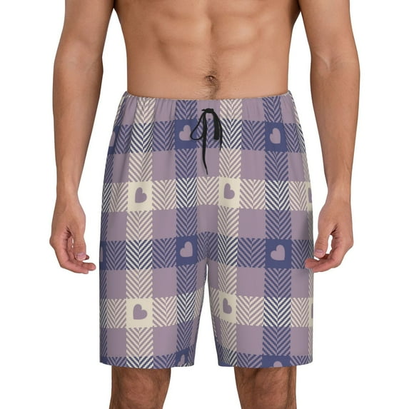 Naloa Heart Check Plaid Men's Short Pajama Pants, Lounge Comfort Shorts with Elasticized Waistband and Side Pockets - Small