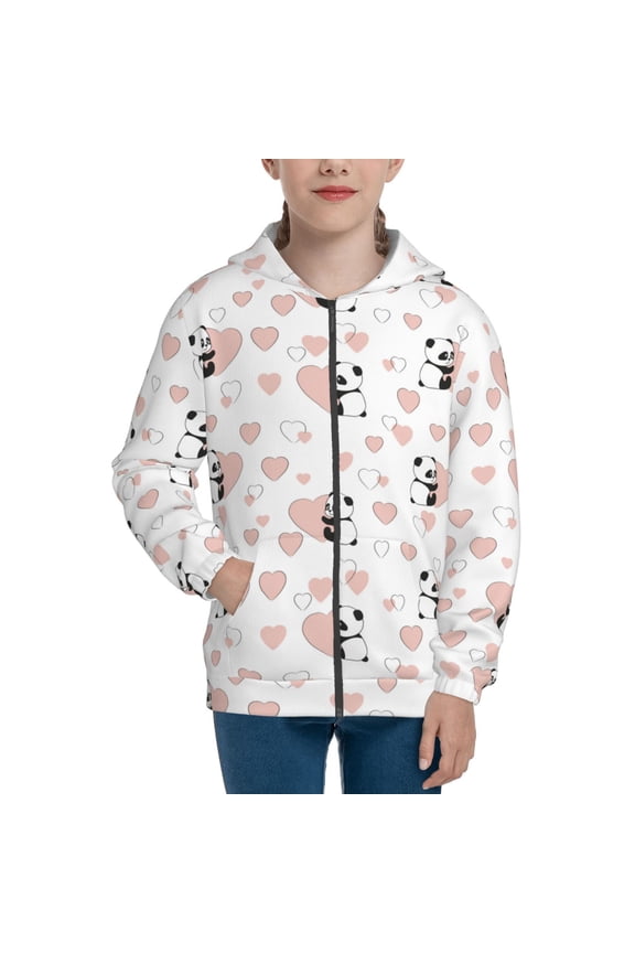 Heart Panda Teenage Zipper Hoodie, Long Sleeve Zip Up Hoodies Casual Jackets Tops for 7-12 Years-Medium