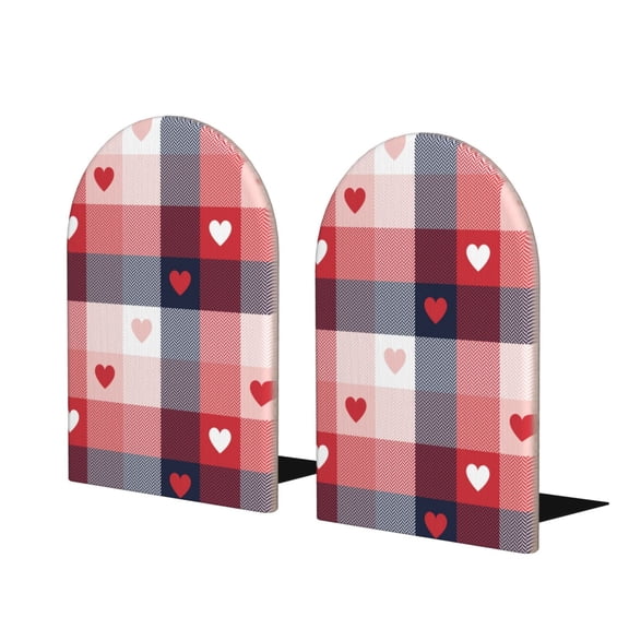 Naloa Heart Plaid 2 Pcs Bookend Large Capacity Office Book Ends for Home Office Library School Study Decoration