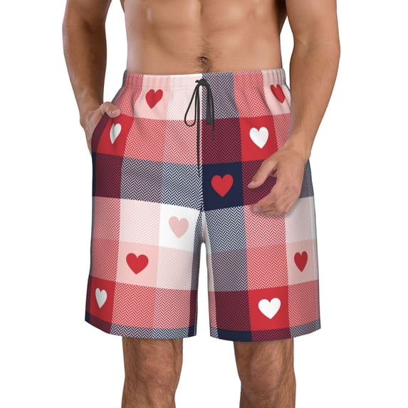 Naloa Heart Plaid Men's Beach Shorts, Surfing shorts, Swim trunks, Quick Dry Swim Trunks for Surfing Beach Fun - Large
