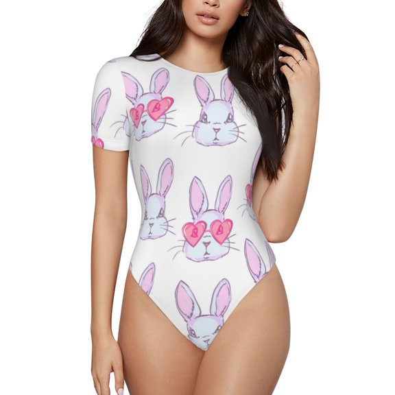 Naloa Heart Rabbit Women's Short-Sleeved Onesie, One-Piece Swimsuit for Parties, dates, clubs - Small