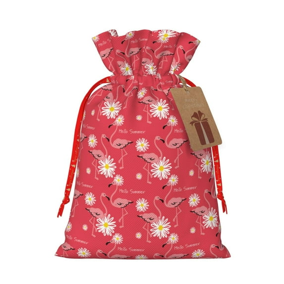 Naloa Hello Summer Flamingo Drawstring Christmas Bags, 3D Xmas Gift Bags, Christmas Wrapping Bags, Xmas Goodie Bags, Treat Pouch Bags, Party Favor Bags-Medium