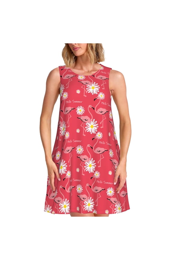 Hello Summer Flamingo Print Women's Summer Spring Casual Beach Sundress,Vacation Sleeveless Tank Crewneck Loose Dresses