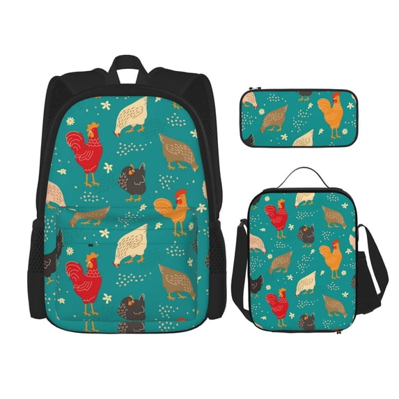 Naloa Hens And Rooster Print Large Capacity Backpack Lunch Bag Pencil Case Combination 3 Piece Set for Student