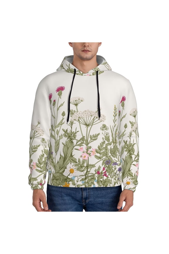Herbs and Wildflowers Men's Casual Hooded Collar Drawstring Hoodies Pullover Sweatshirts Casual Long Sleeve Shirts-Large
