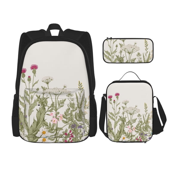 Naloa Herbs and Wildflowers Print Large Capacity Backpack Lunch Bag Pencil Case Combination 3 Piece Set for Student