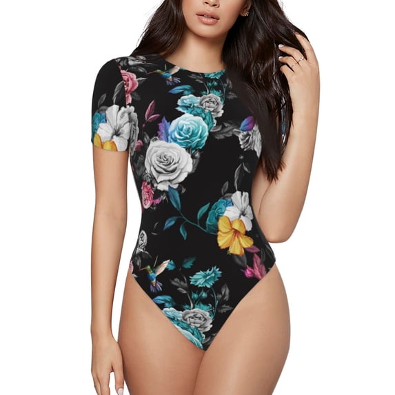 Naloa Hibiscus Rose Women's Short-Sleeved Onesie, One-Piece Swimsuit for Parties, dates, clubs - Large