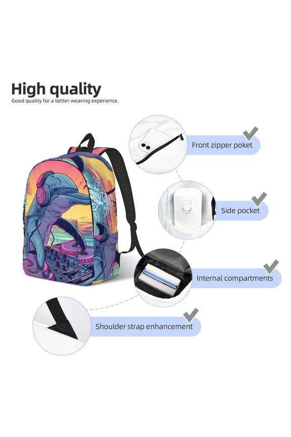 Hip-Hop DJ Dolphin Print Durable Canvas College Rucksack,Laptop Excursion Backpack,Travel Notebook School Backpack,Bookbag For Men Women