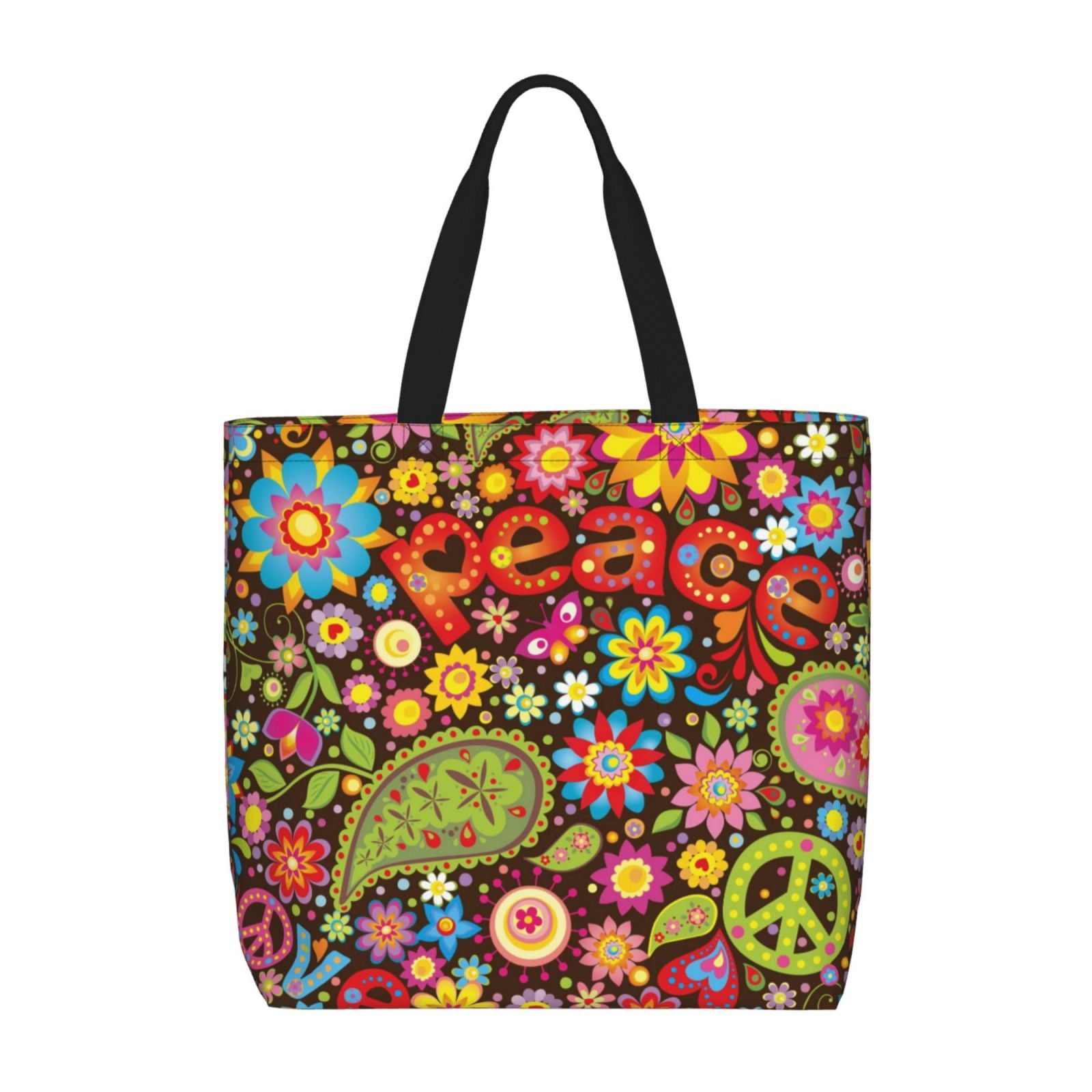 Elephant Print Bohemian Tote Bag — Large Cotton Hippie Shoulder Bag With Top Handles, 15x18 Inches - View #10