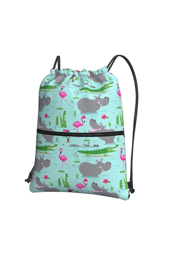 Hippo With Flamingos And Crocodiles Drawstring Backpack String Bag Cinch Water Resistant for Gym Shopping Sport Yoga