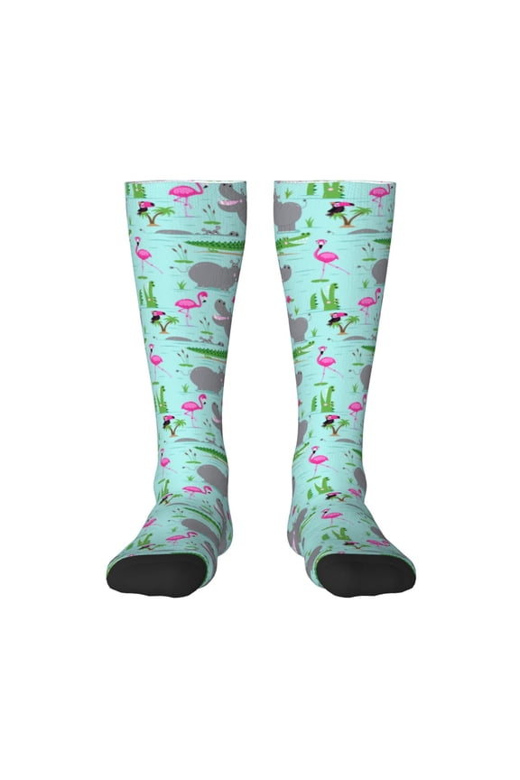 Hippo With Flamingos And Crocodiles Knee Socks, High Socks Long Stretchy Sock Women Knee High Stocking, Long Socks for Women