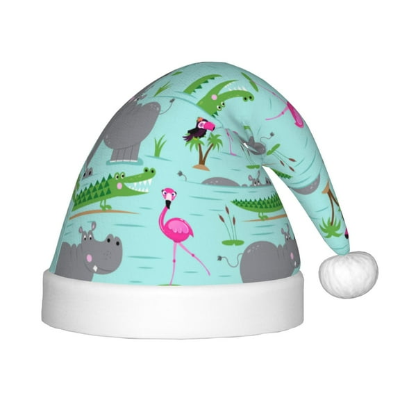 Naloa Hippo With Flamingos And Crocodiles Santa Hat for Kids Baby Christmas Hats,Girls Boys Toddler Plush Xmas Holiday Hat,Luxury Santa Claus Hat