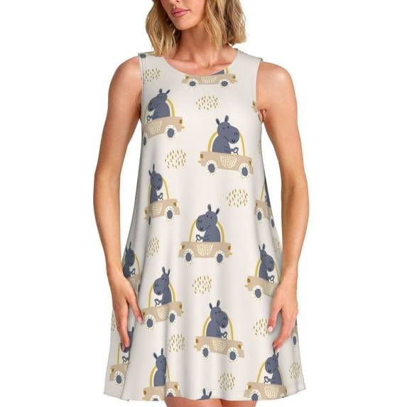 Naloa Hippos Driving A Car Print Women's Summer Spring Casual Beach Sundress,Vacation Sleeveless Tank Crewneck Loose Dresses