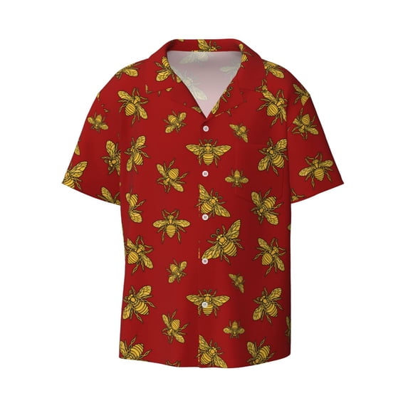 Naloa Hohey Bee Golden Men's Loose Fit Cuban Collar Short-Sleeve Shirt with Button-down and Chest Pocket for Everyday Wear Outings - 3X-Large