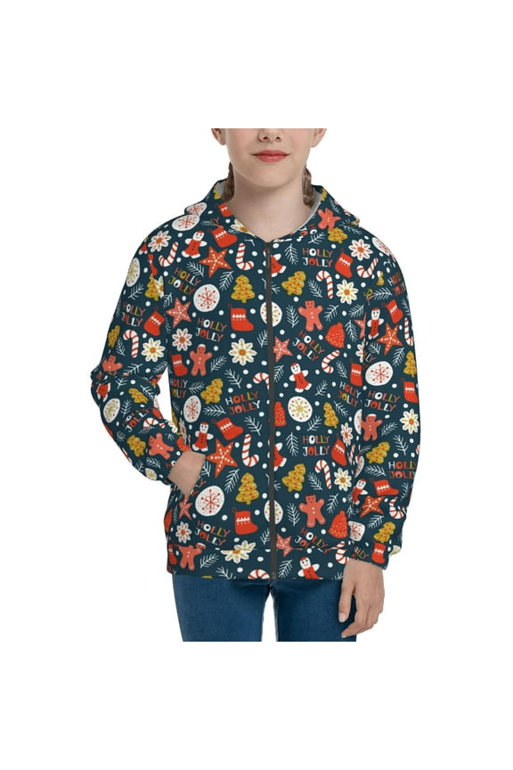 Holiday Christmas Cookies Teenage Zipper Hoodie, Long Sleeve Zip Up Hoodies Casual Jackets Tops for 7-12 Years-Medium