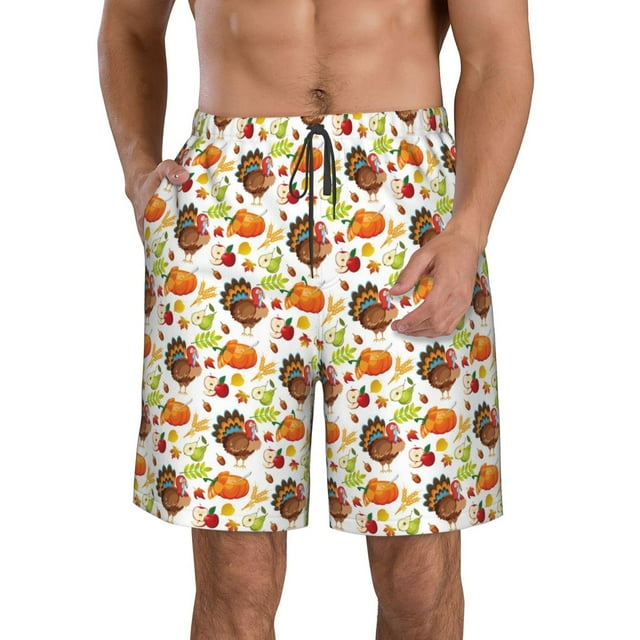 Naloa Holiday Thanksgiving Turkey Men's Beach Shorts, Surfing shorts, Swim trunks, Quick Dry Swim Trunks for Surfing Beach Fun - Large