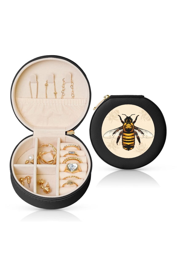 Honey Bee Round Jewelry Box, Travel Jewelry Organizer, 3.9 x 3.9 x 2in Jewelry Storage Box for Women-Black