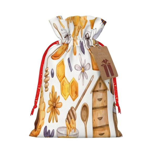 Naloa Honey Bee Set Drawstring Christmas Bags, 3D Xmas Gift Bags, Christmas Wrapping Bags, Xmas Goodie Bags, Treat Pouch Bags, Party Favor Bags-Small