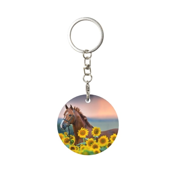 Naloa Horse Sunflowers Print Round Keychain Keychain Key Ring, Key Tag, Key Chain Bulk for Gift Accessories (Round)