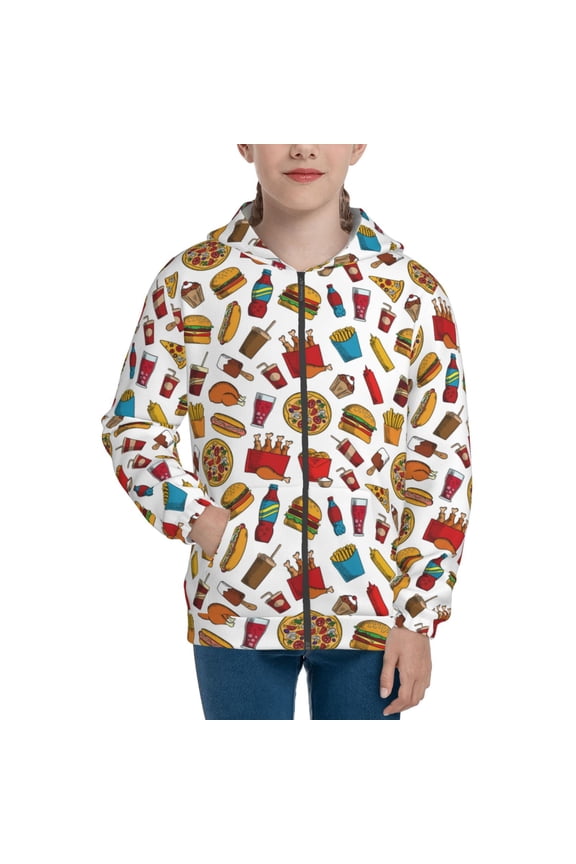 Hot Dog Pizza Teenage Zipper Hoodie, Long Sleeve Zip Up Hoodies Casual Jackets Tops for 7-12 Years-Medium