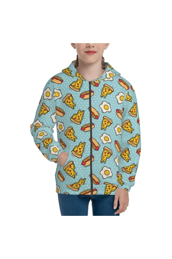 Hot Dog Pizza Teenage Zipper Hoodie, Long Sleeve Zip Up Hoodies Casual Jackets Tops for 7-12 Years-Medium