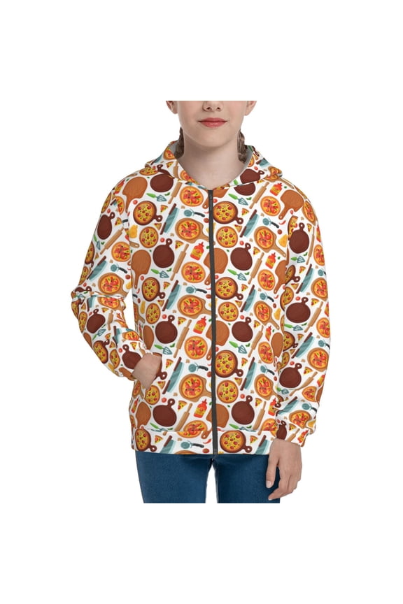 Hot Fresh Pizza Teenage Zipper Hoodie, Long Sleeve Zip Up Hoodies Casual Jackets Tops for 7-12 Years-Small