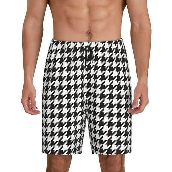 Naloa Houndstooth Black And White Men's Short Pajama Pants, Lounge Comfort Shorts with Elasticized Waistband and Side Pockets - Small