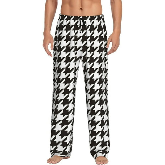 Naloa Houndstooth Black And White Pajama Pants Men, PJ Bottoms, Sleep & Lounge Pants-Small