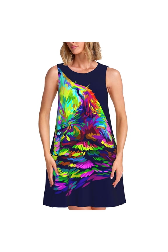 Howling Wolf Print Women's Summer Spring Casual Beach Sundress,Vacation Sleeveless Tank Crewneck Loose Dresses