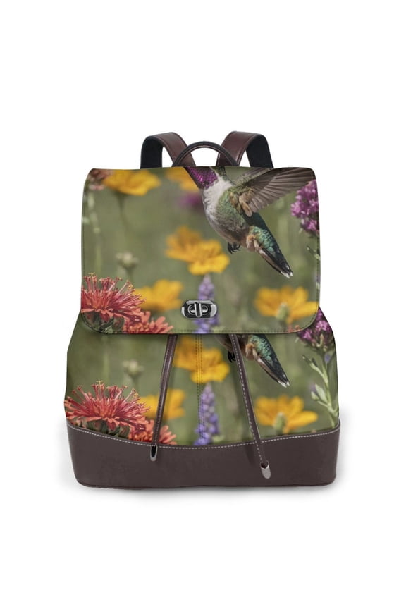 Humming Bird Print Women's Leather Backpack,Travel Laptop Backpack,Fashion Ladies Leather Backpack Bag for Travel,Leather Drawstring Daypack for Me