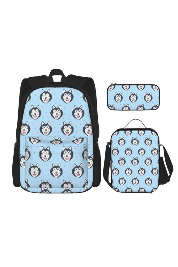 Husky Head Print Large Capacity Backpack Lunch Bag Pencil Case Combination 3 Piece Set for Student