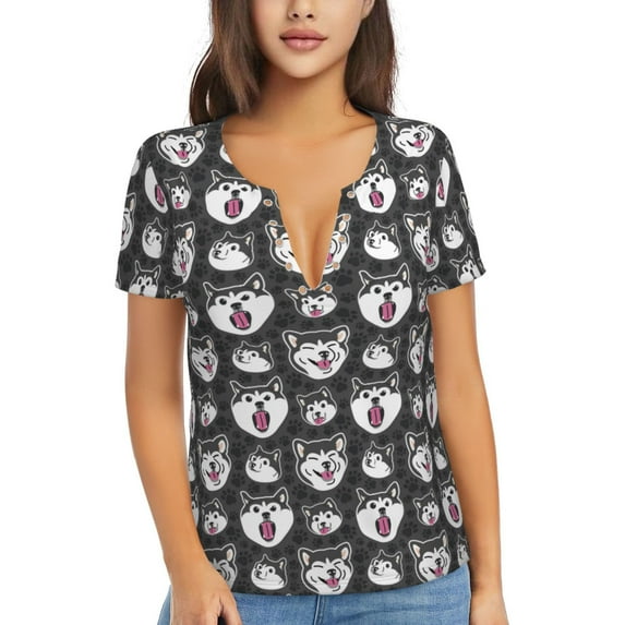 Naloa Husky Print T-Shirts Short Sleeve V Neck Tees for Women Fashion Tops Trendy Lightweight Soft Casual Summer Outfits Clothes