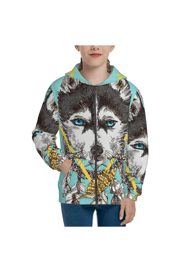 Husky With Dreamcatcher Teenage Zipper Hoodie, Long Sleeve Zip Up Hoodies Casual Jackets Tops for 7-12 Years-Small
