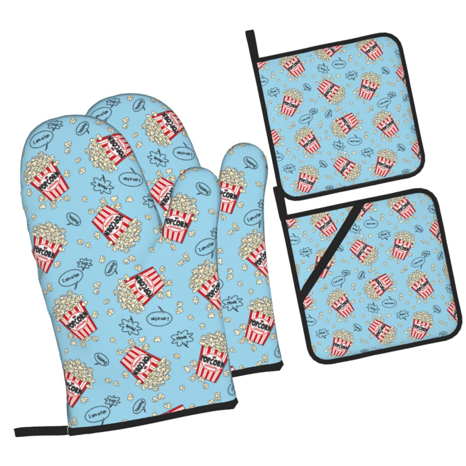 Naloa I Am A Fan Popcorn Oven Mitts and Pot Holders 4 pcs Set, Cooking Baking Grilling Kitchen Oven Glove for Cooking