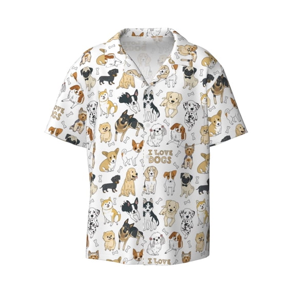 Naloa I Love Dogs Men's Loose Fit Cuban Collar Short-Sleeve Shirt with Button-down and Chest Pocket for Everyday Wear Outings - Medium