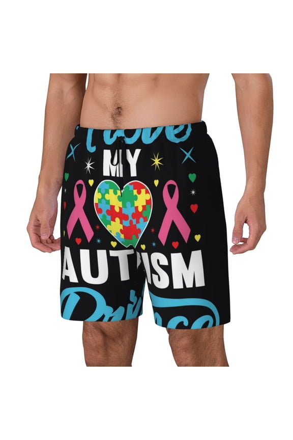 I Love My Autism Print Men Swim Trunks with Compression Liner ,Board Shorts,Men's Swim Shorts with Drawstring and Elastic Waistband-Large