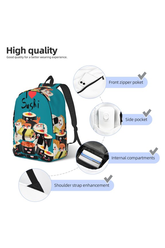 I Love Sushi Print Durable Canvas College Rucksack,Laptop Excursion Backpack,Travel Notebook School Backpack,Bookbag For Men Women