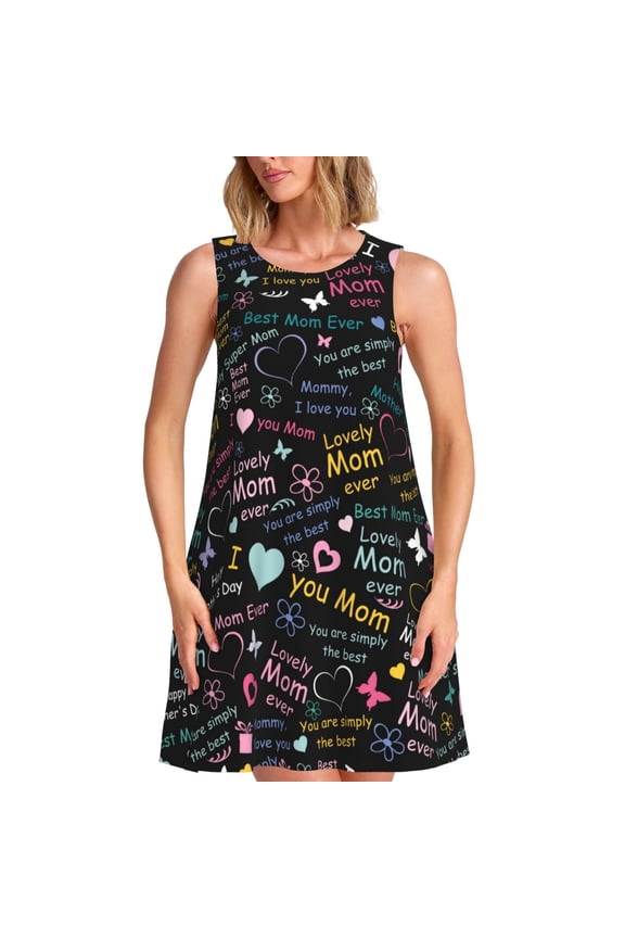 I love you Mom Print Women's Summer Spring Casual Beach Sundress,Vacation Sleeveless Tank Crewneck Loose Dresses