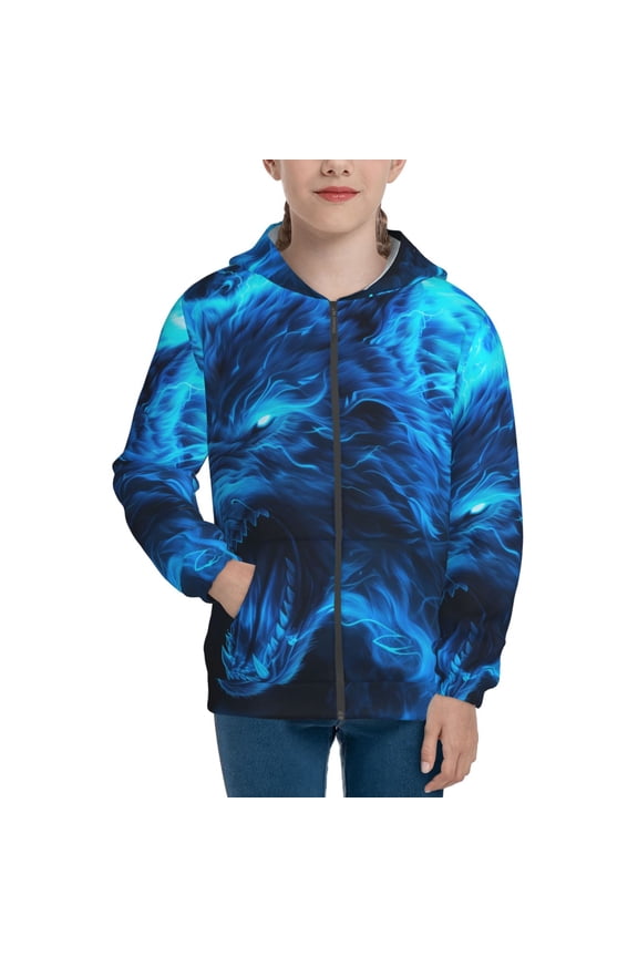 Ice Blue Fire Wolf Teenage Zipper Hoodie, Long Sleeve Zip Up Hoodies Casual Jackets Tops for 7-12 Years-Medium