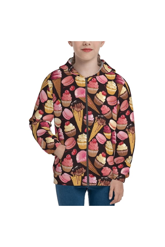 Ice Cream Cake Teenage Zipper Hoodie, Long Sleeve Zip Up Hoodies Casual Jackets Tops for 7-12 Years-Medium
