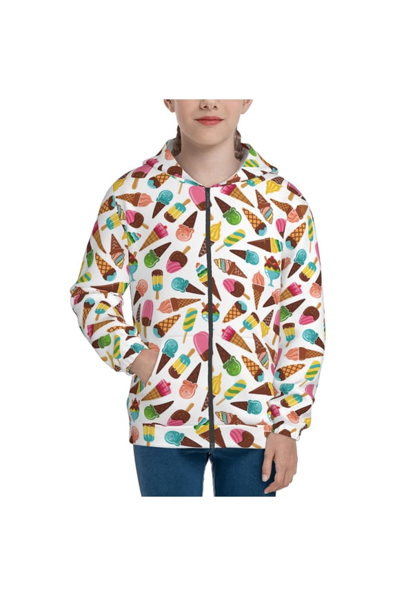 Ice Cream Popsicles Teenage Zipper Hoodie, Long Sleeve Zip Up Hoodies Casual Jackets Tops for 7-12 Years-Small