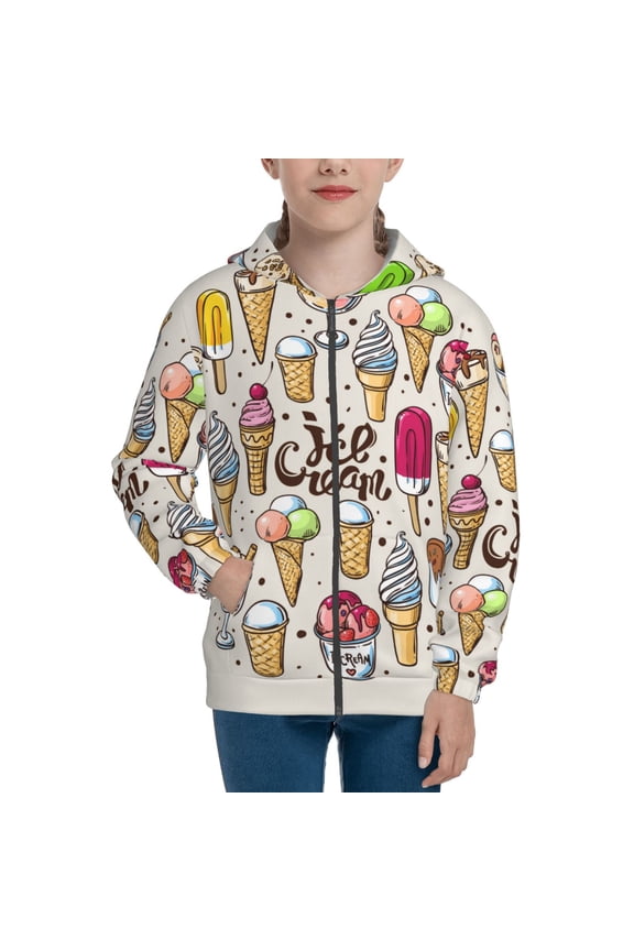 Ice Cream Teenage Zipper Hoodie, Long Sleeve Zip Up Hoodies Casual Jackets Tops for 7-12 Years-Small