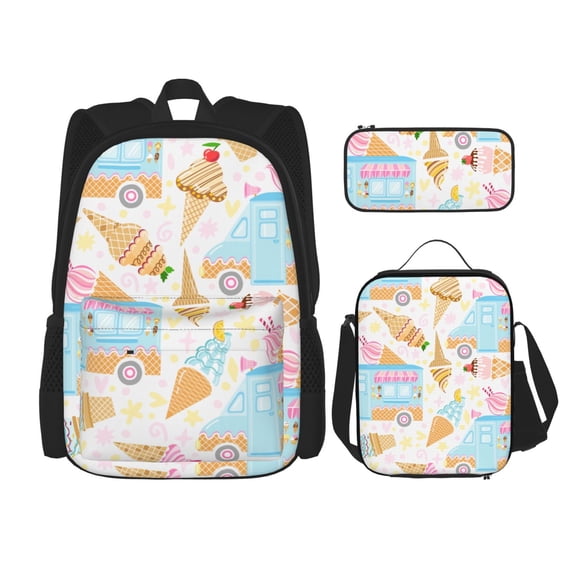 Naloa Icecream Truck Print Large Capacity Backpack Lunch Bag Pencil Case Combination 3 Piece Set for Student