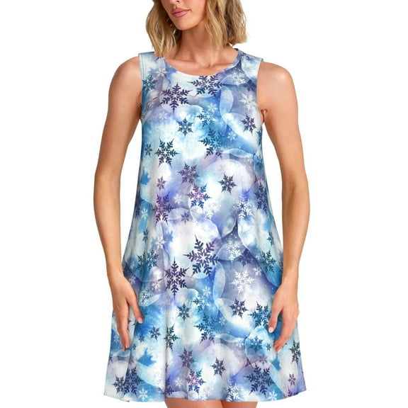 Naloa Icy Blue Snowflakes Print Women's Summer Spring Casual Beach Sundress,Vacation Sleeveless Tank Crewneck Loose Dresses