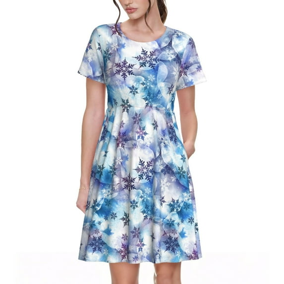 Naloa Icy Blue Snowflakes Print Womens Summer A-Line Dress with Pockets,Short Sleeve Dresses,Flowy Beach Swing Dress for Vacation Travel